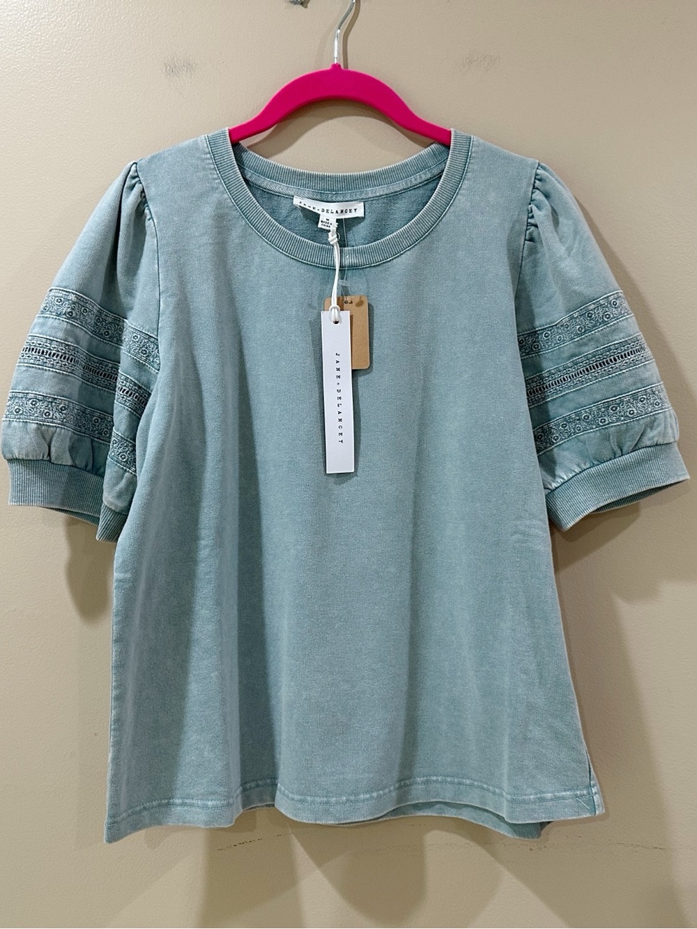 Jane And Delancey Green Wash Eyelet Lace Puff Sleeve Tee Top Vintage Women XL